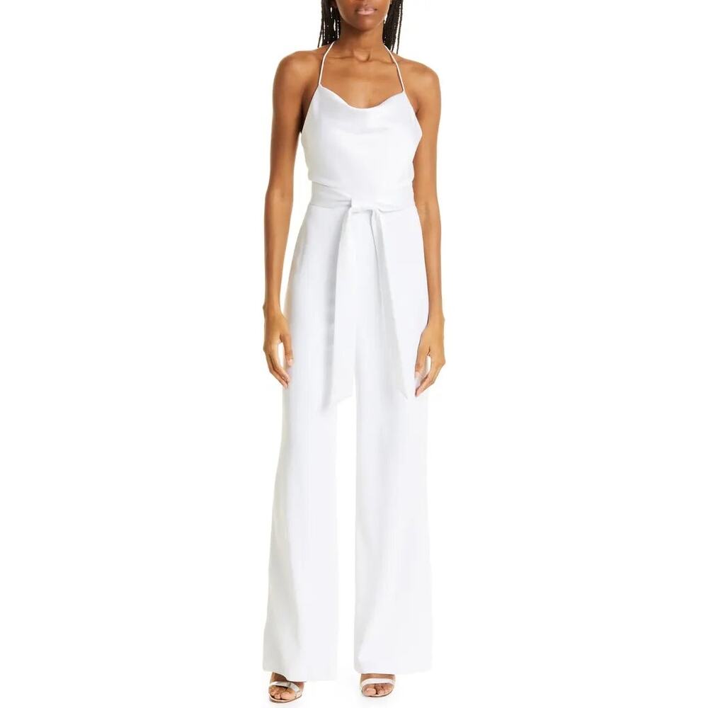 Alice + Olivia Primrose Cowl Neck Belted Solid White Wide Leg Jumpsuit Size 14